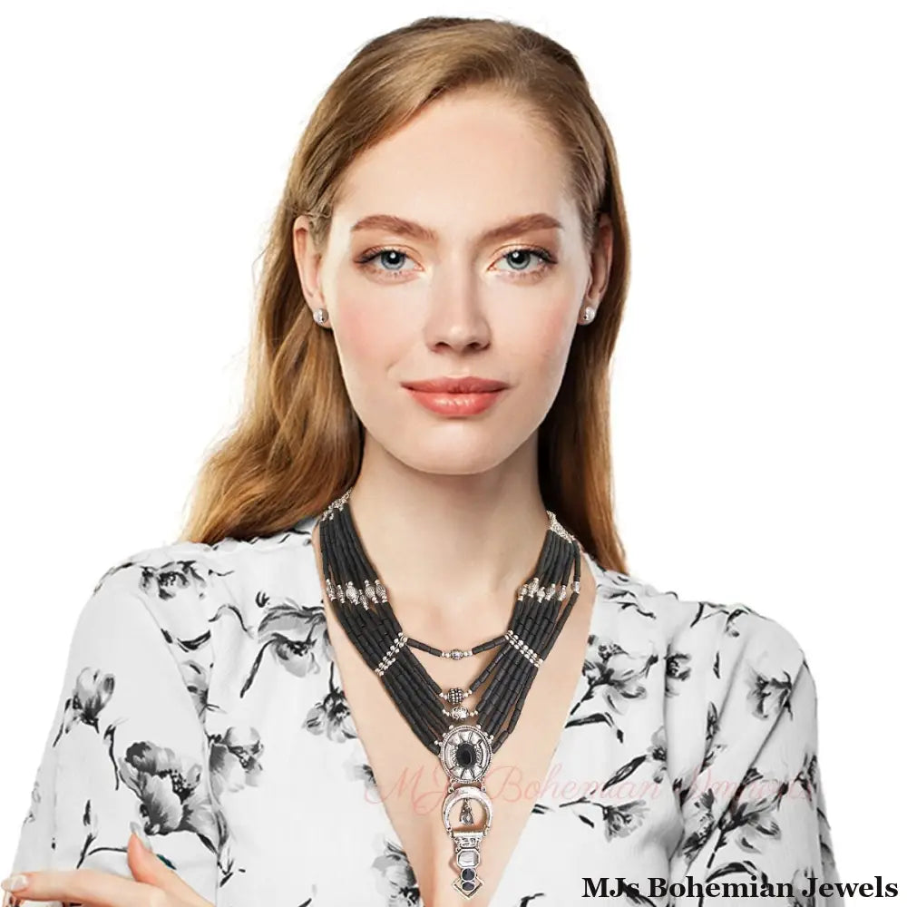 Layered Black Bead Silver Necklace