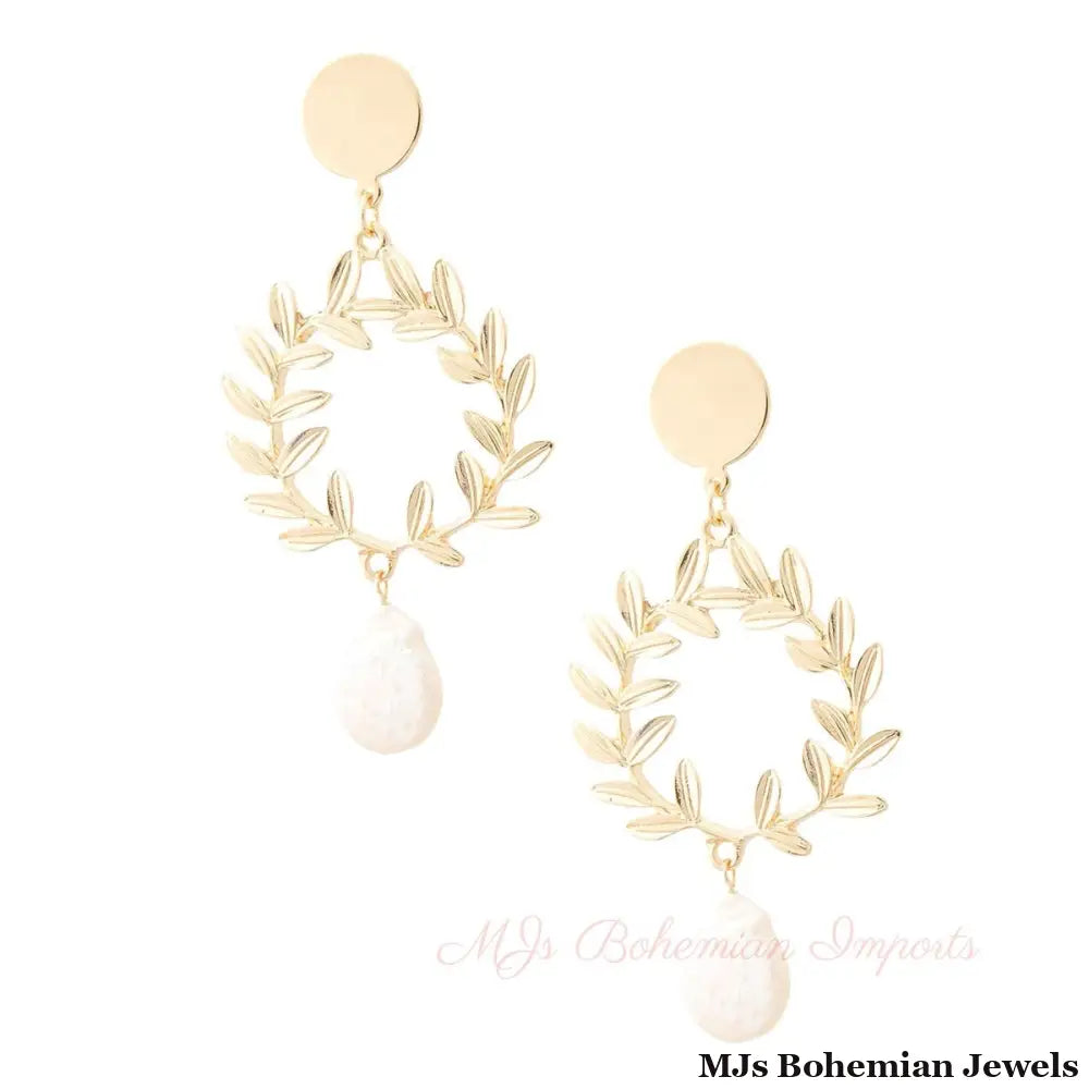 Leaf and Pearl Drop Earrings