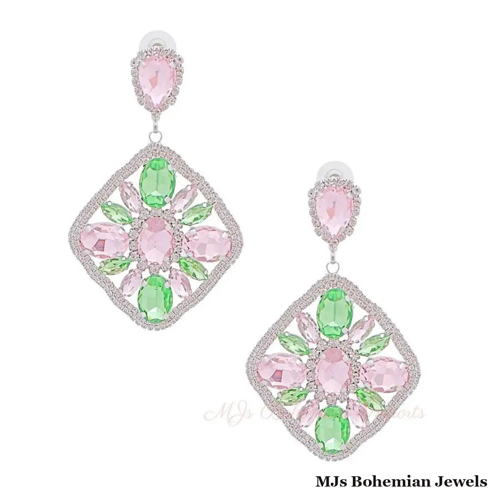 Light Pink Green Glass Crystal Diamond Earrings