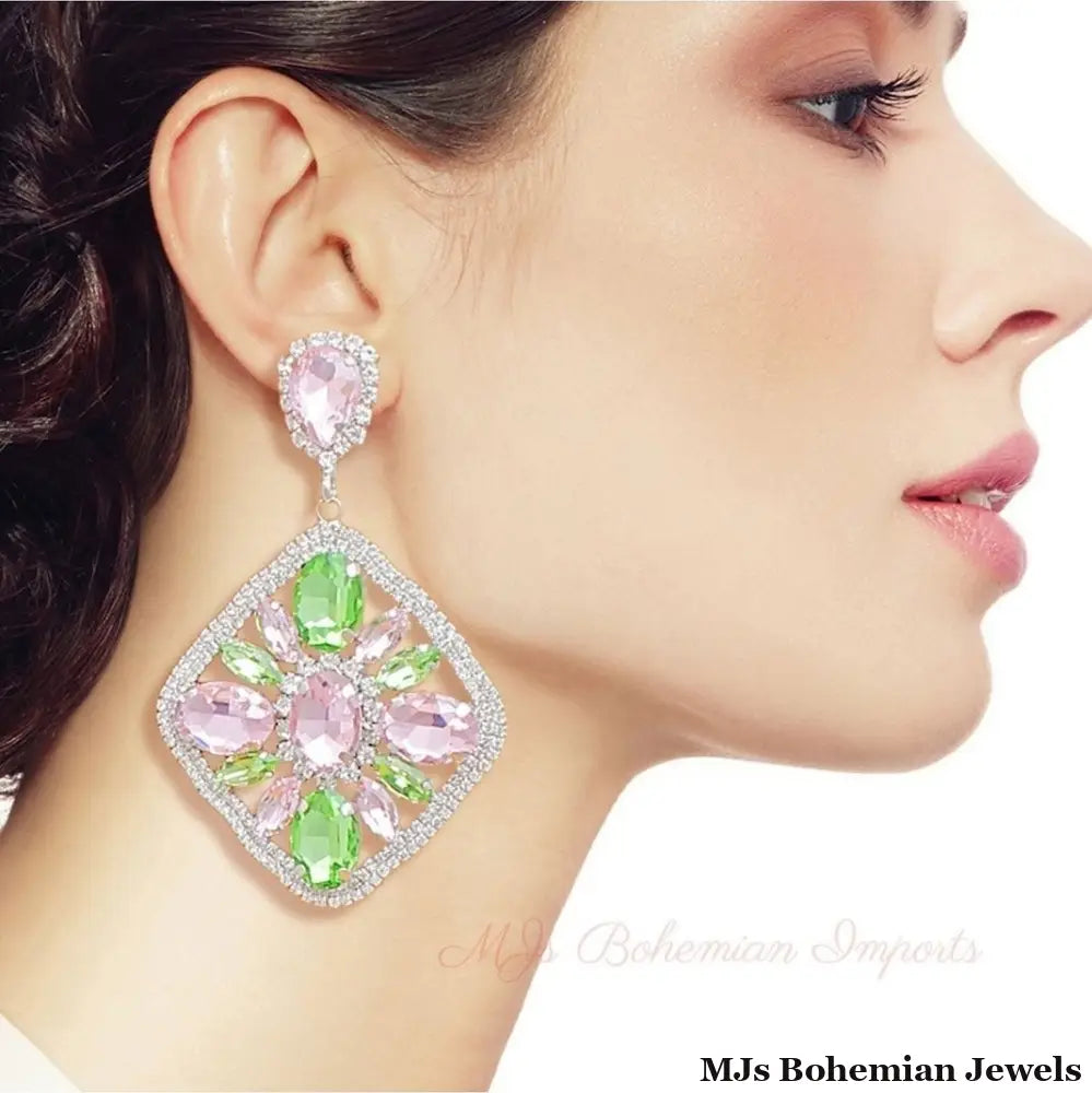Light Pink Green Glass Crystal Diamond Earrings