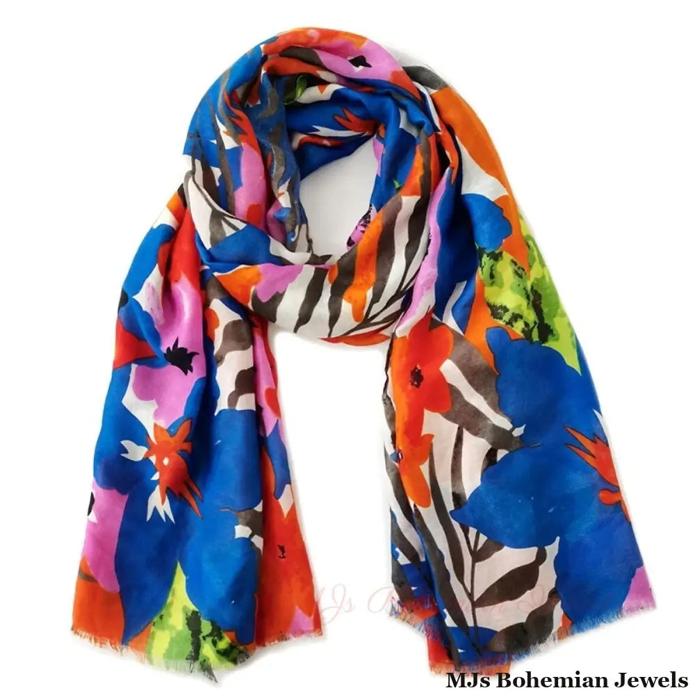 Long Blue Watercolor Floral Scarf