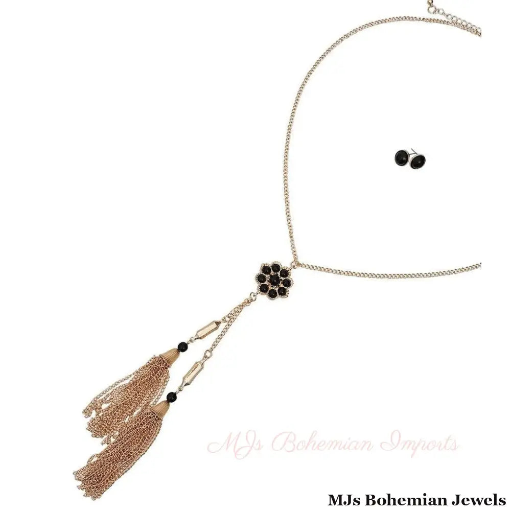 Long Gold Tassel Necklace with Black Flower