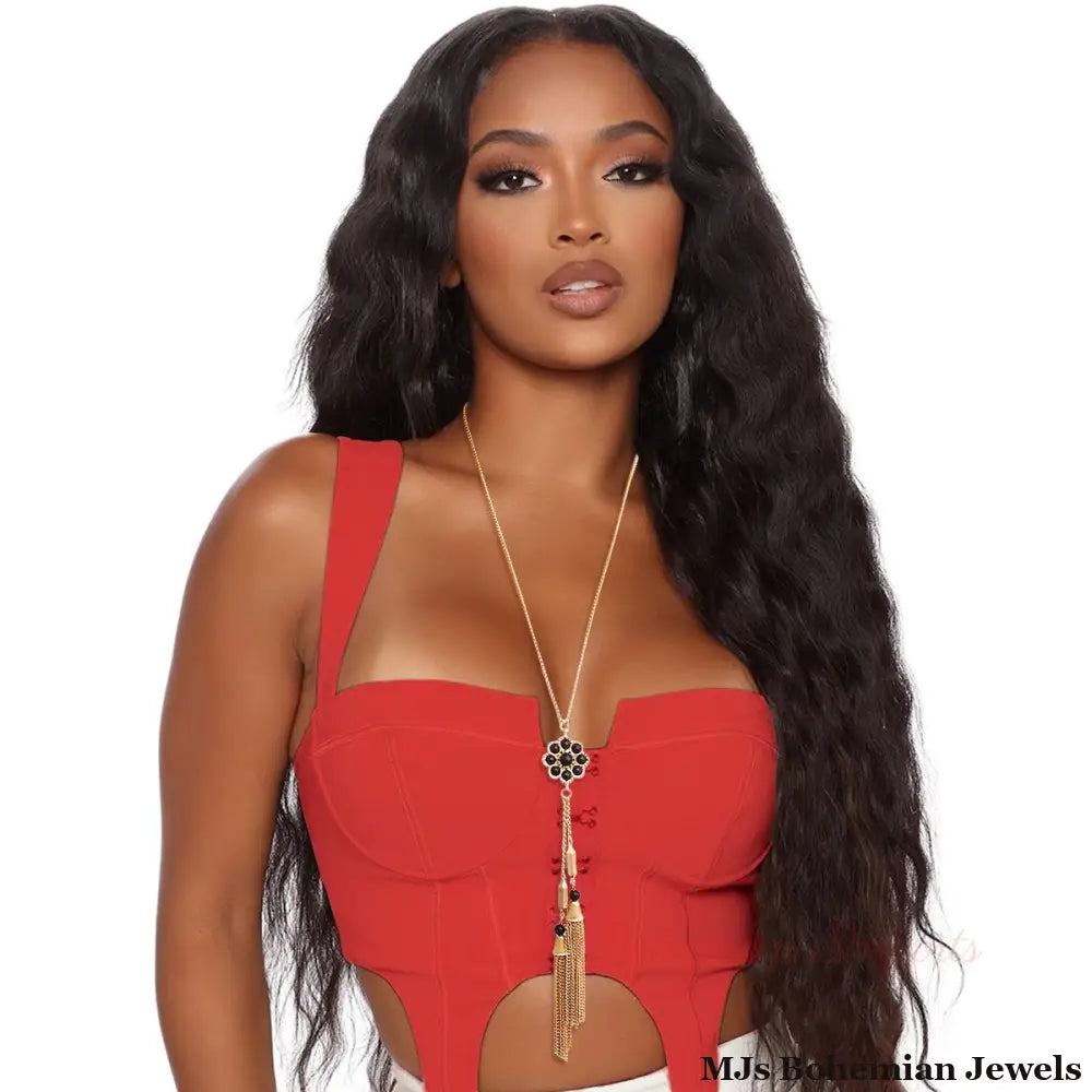 Long Gold Tassel Necklace with Black Flower