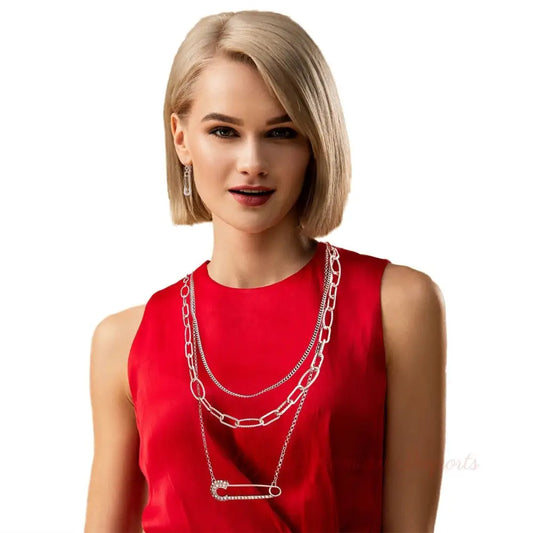 Long Layered Silver Chain Pin Necklace