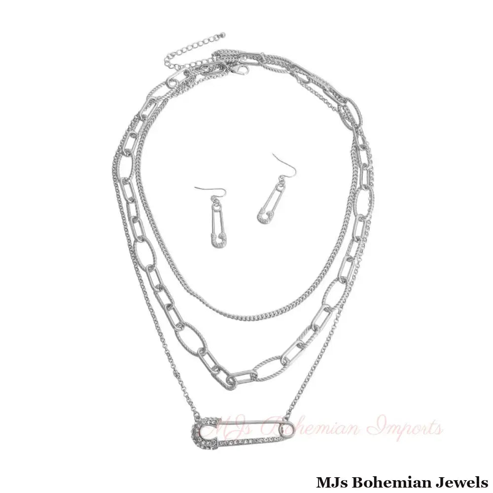 Long Layered Silver Chain Pin Necklace
