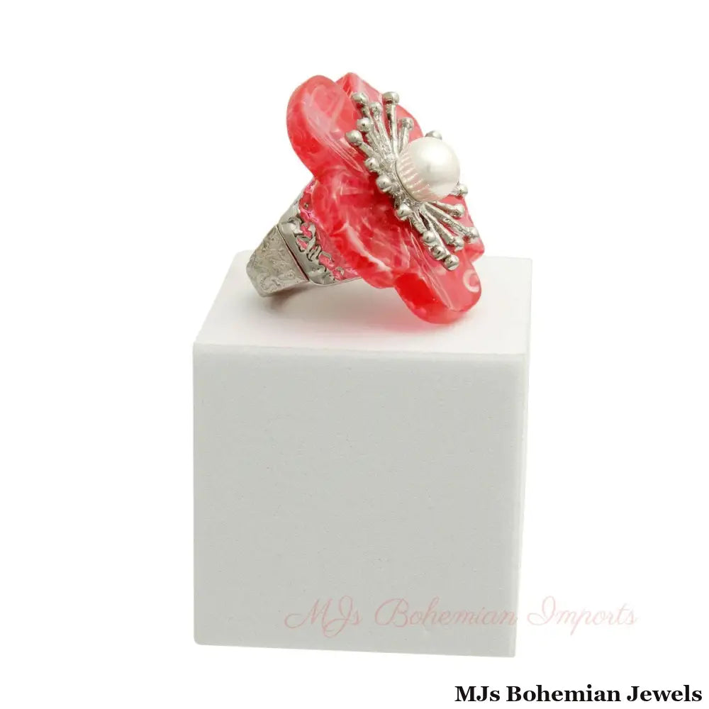 Marbled Red Flower Silver Ring