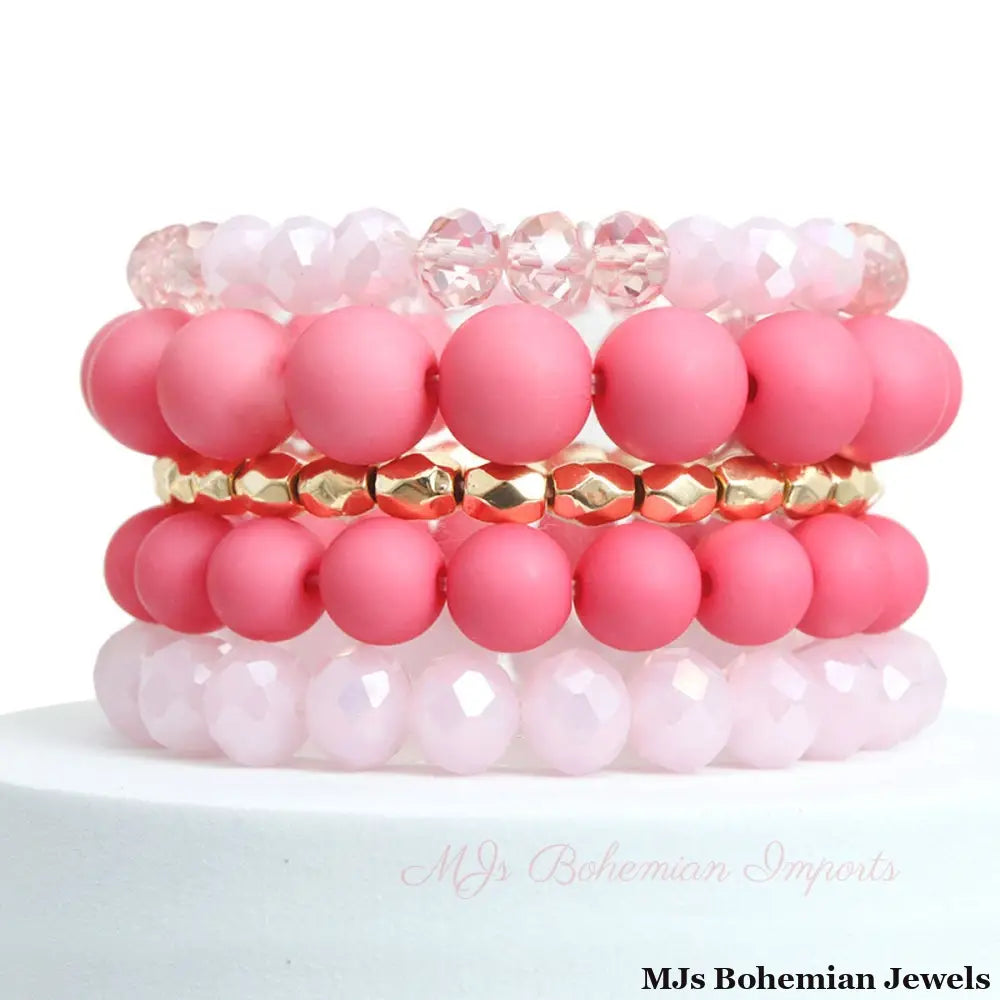 Matte Pink Ball and Glass Bracelets