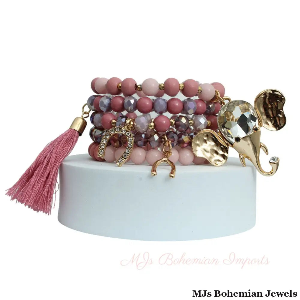 Mauve Bead Elephant Charm Bracelets