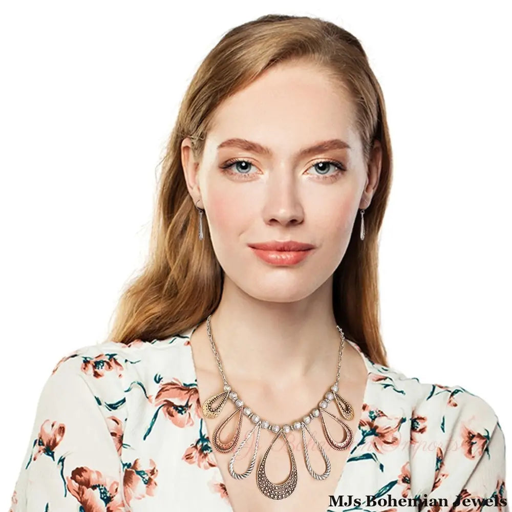 Mixed Metal Burnished Teardrop Necklace