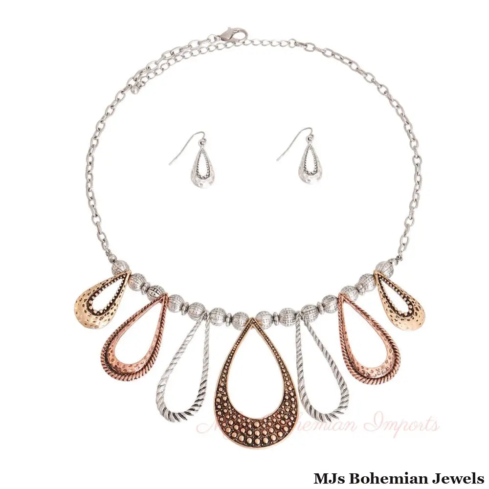 Mixed Metal Burnished Teardrop Necklace