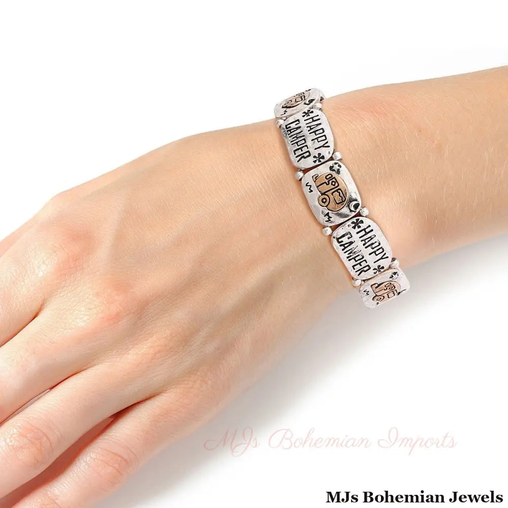 Mixed Metal Happy Camper Engraved Bracelet