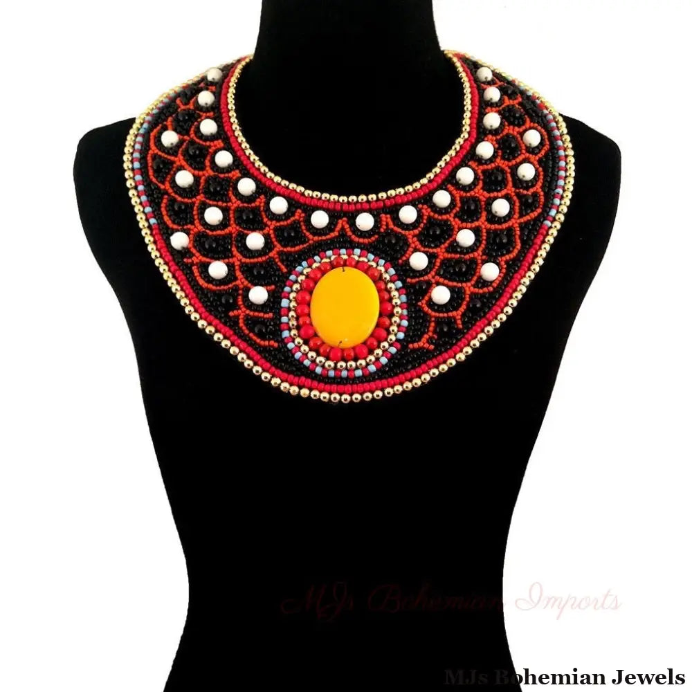 Multi Color Embroidered Bib Necklace Set