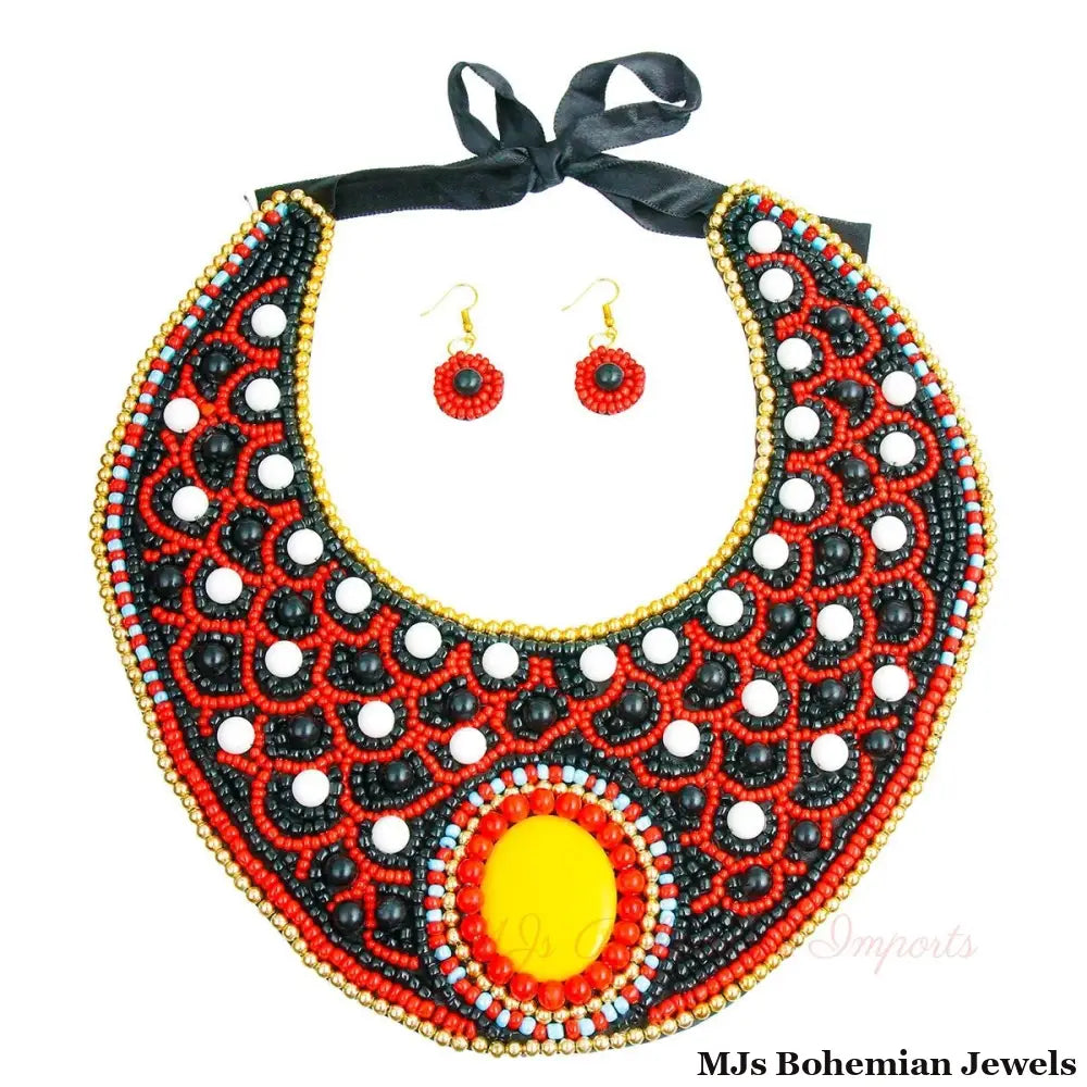 Multi Color Embroidered Bib Necklace Set