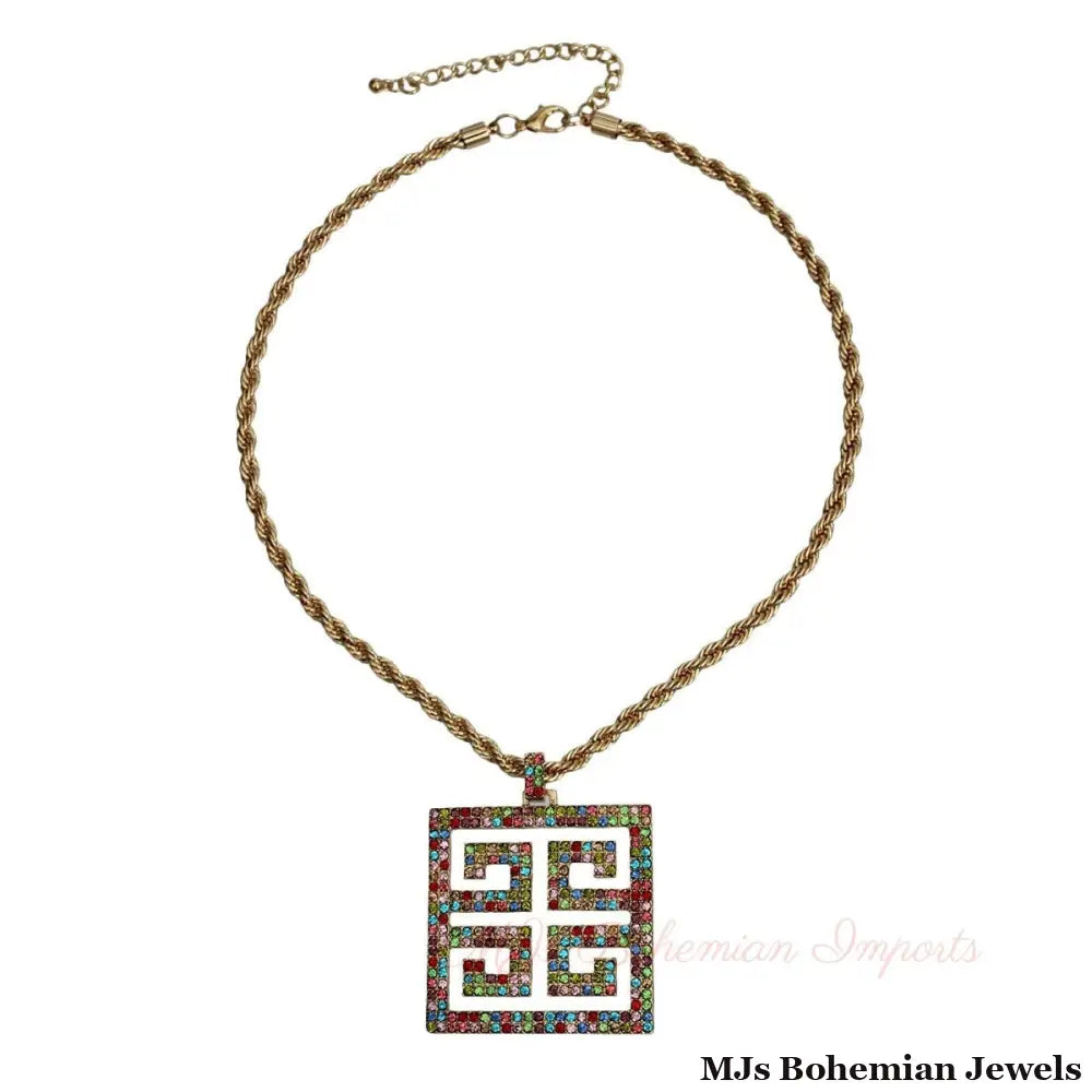 Multi Color Greek Key Pendant Necklace