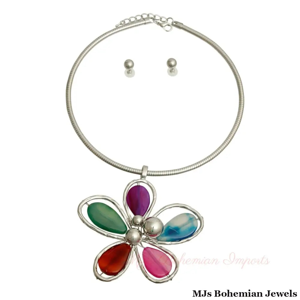 Multi Color Petal Silver Flower Necklace