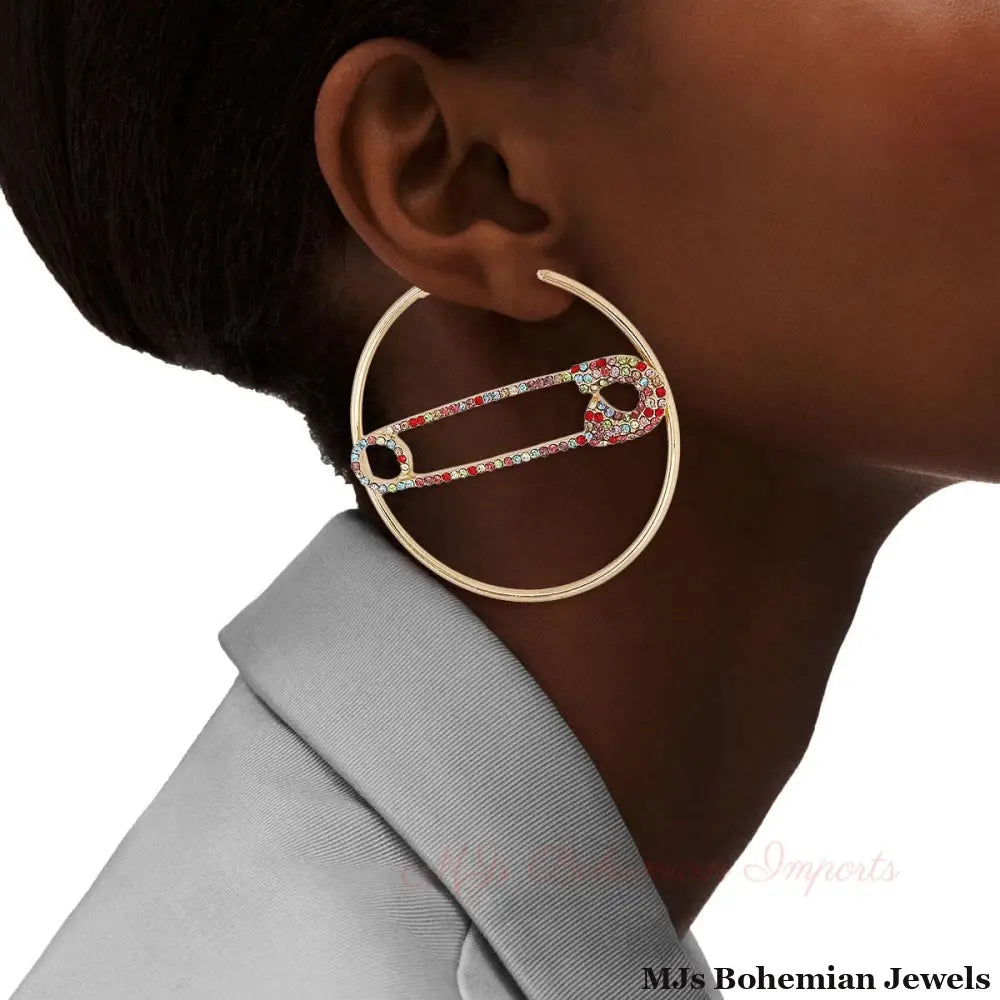 Multi Color Stone Safety Pin Hoops