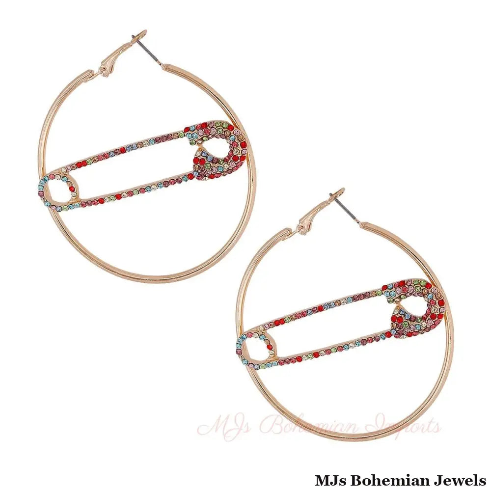 Multi Color Stone Safety Pin Hoops