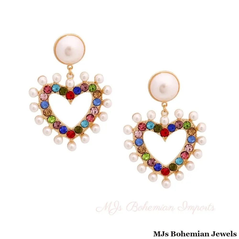 Multi Dangling Pearl Heart Earrings