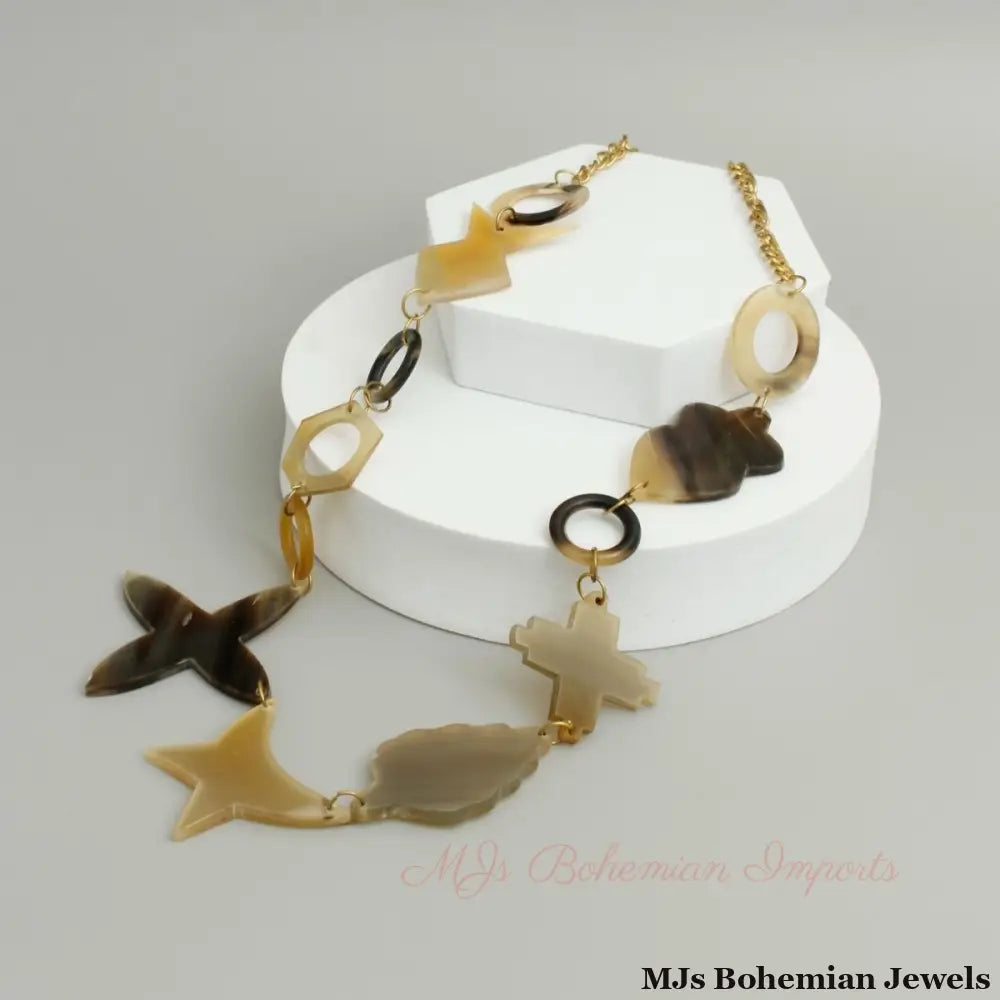 Multi Shape Buffalo Horn and Gold Chain Necklace