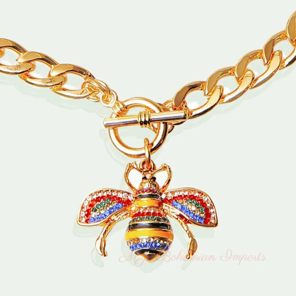 Multicolored Rhinestone Bee Toggle Necklace