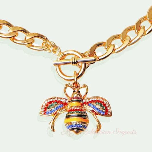 Multicolored Rhinestone Bee Toggle Necklace
