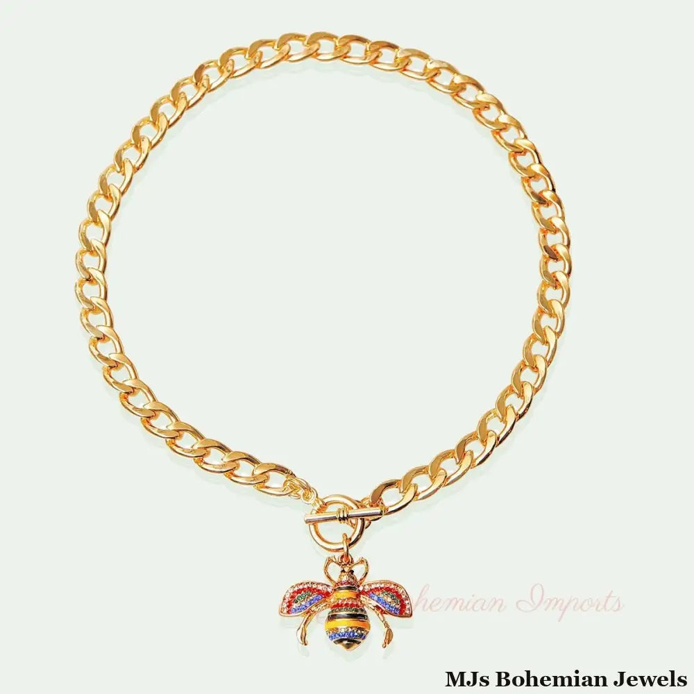 Multicolored Rhinestone Bee Toggle Necklace