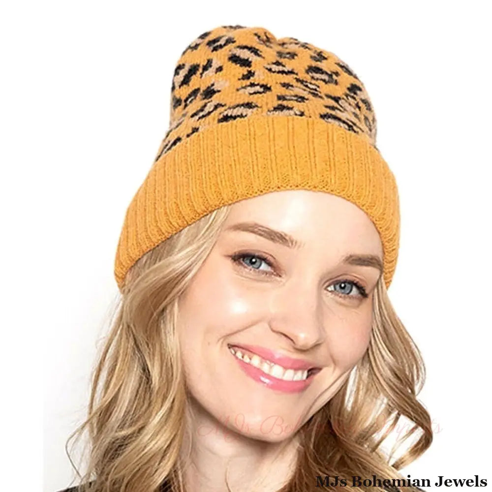 Mustard Leopard Cuff Beanie