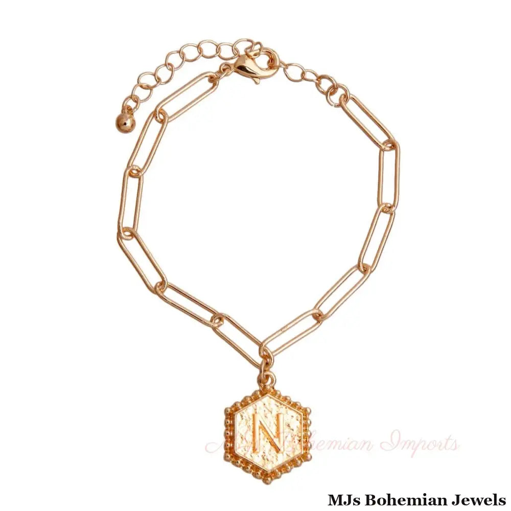 N Hexagon Initial Charm Bracelet