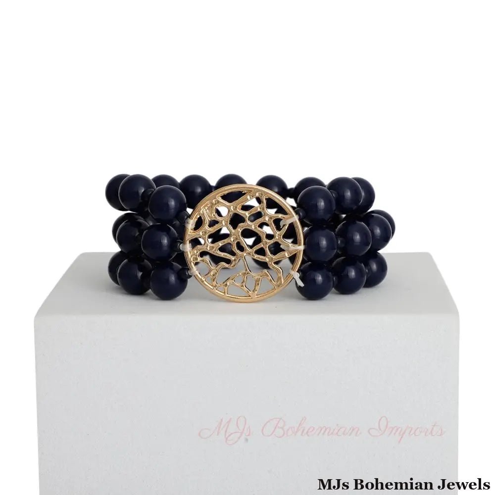 Navy Bead Round Gold Bracelet