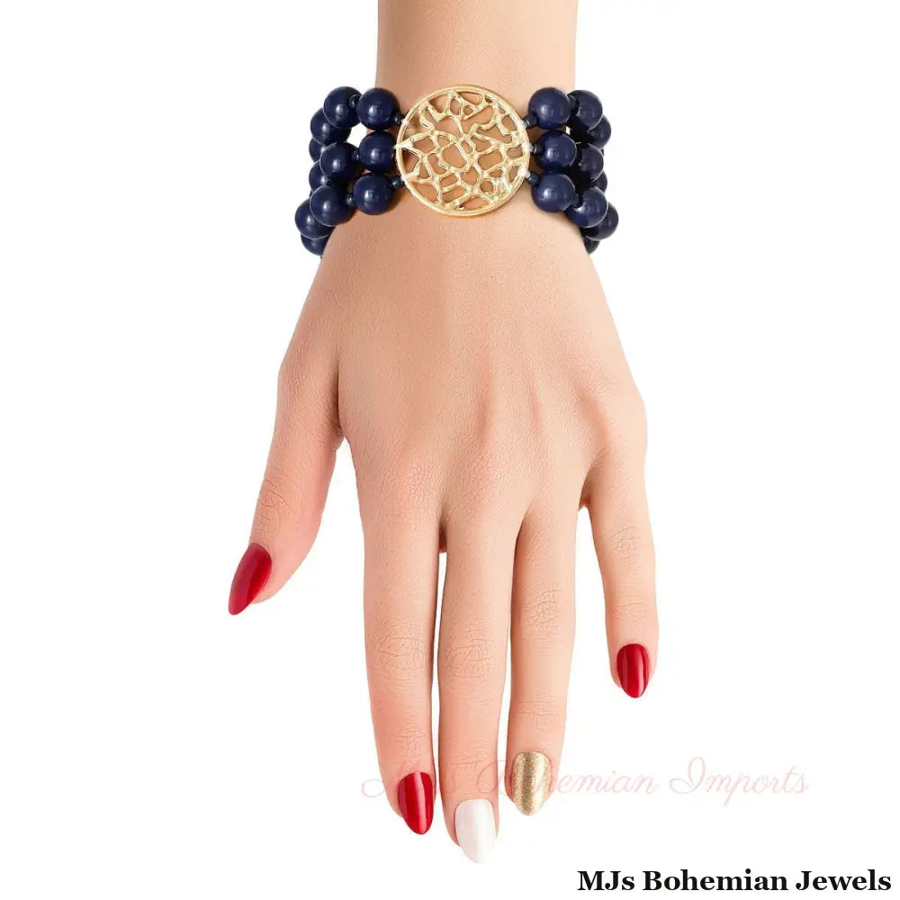 Navy Bead Round Gold Bracelet