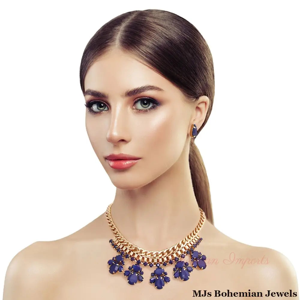 Navy Beads Gold Necklace Set