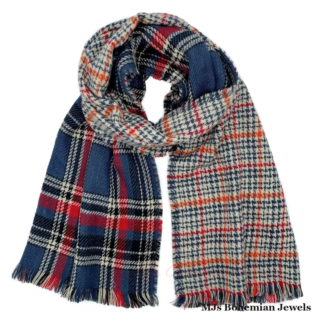 Navy Plaid Houndstooth Reversible Scarf