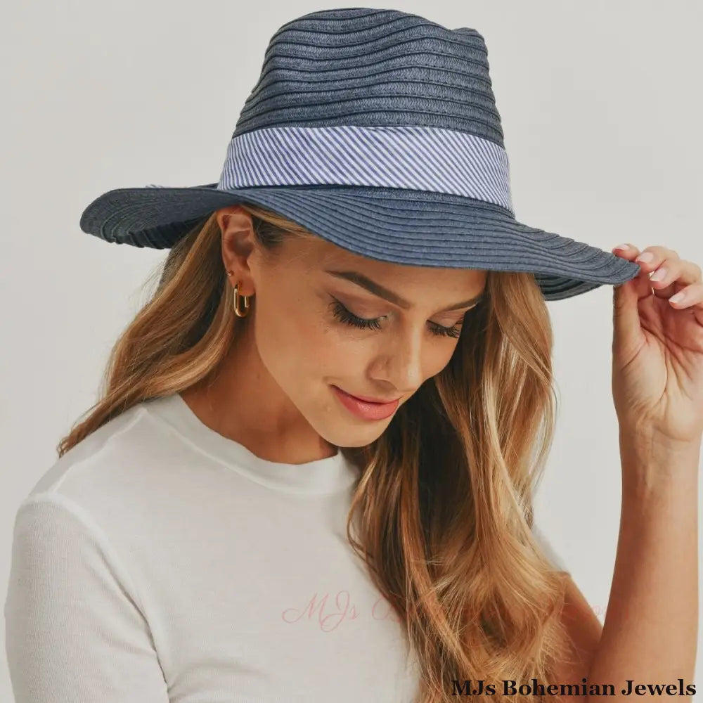 Navy Striped Bow Fedora Hat