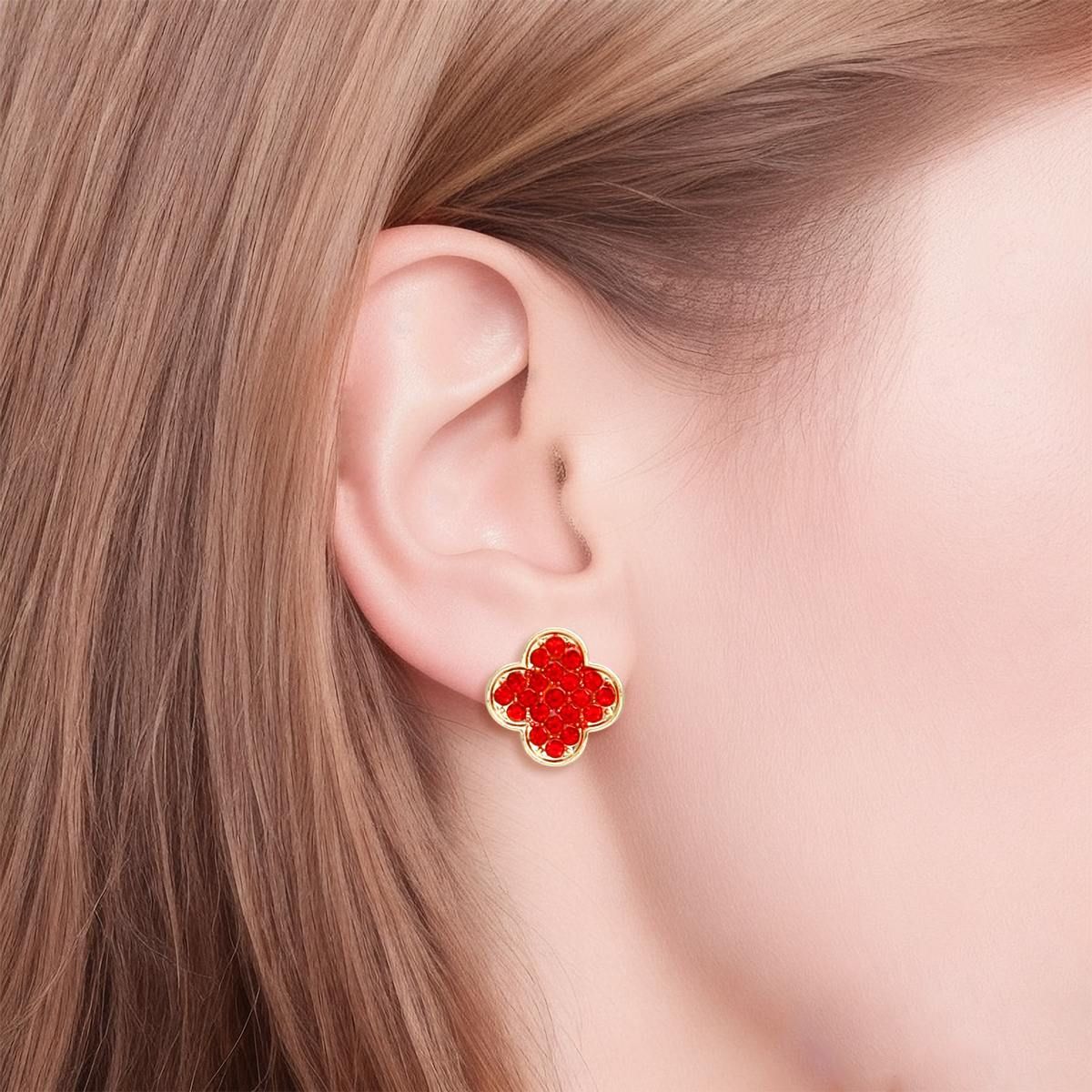Studs Red Rhinestone Quatrefoil Clover Earrings