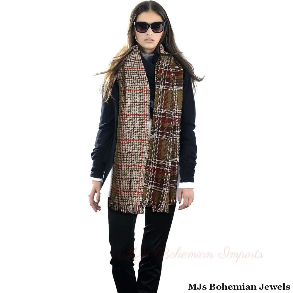 Olive Plaid Houndstooth Reversible Scarf