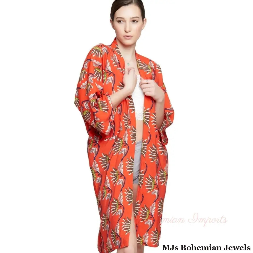 Orange Oriental Flower Long Kimono