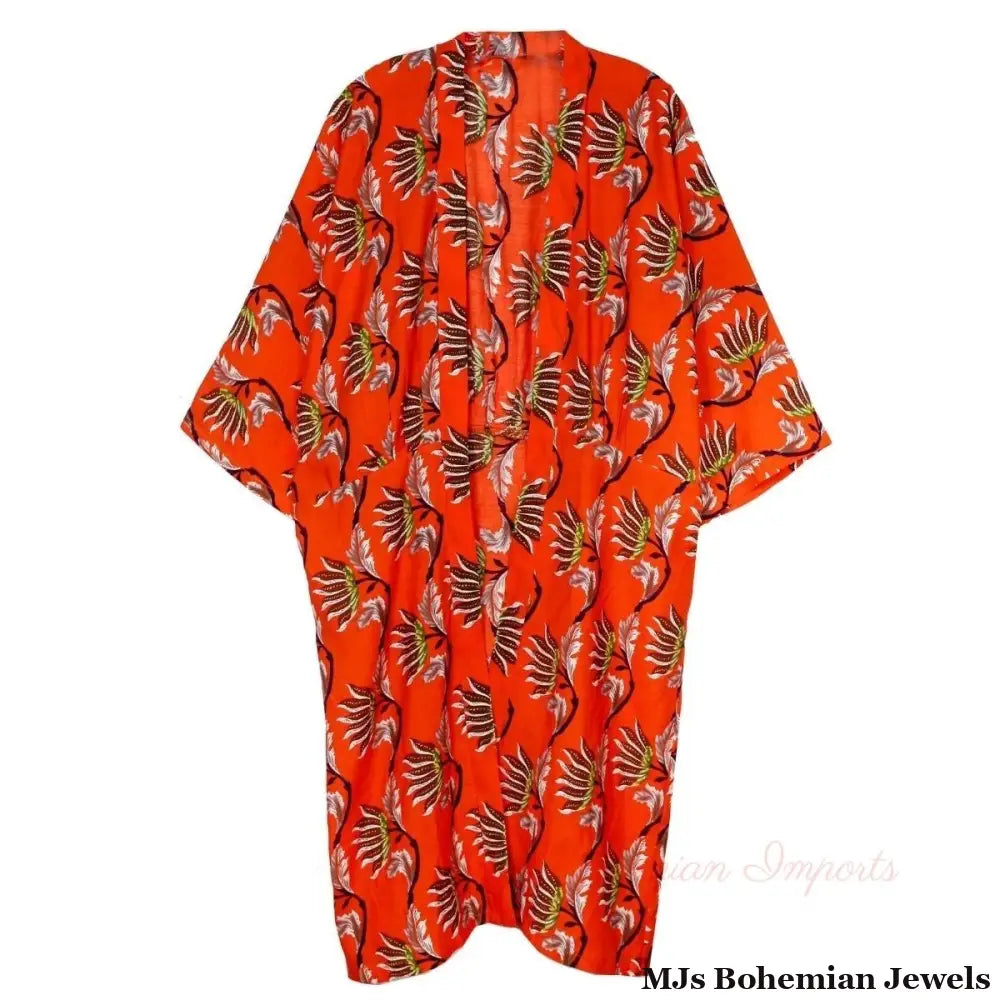 Orange Oriental Flower Long Kimono
