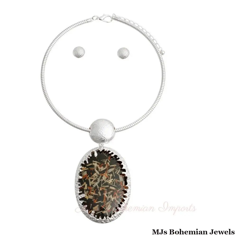 Oval Black Confetti Silver Collar Necklace