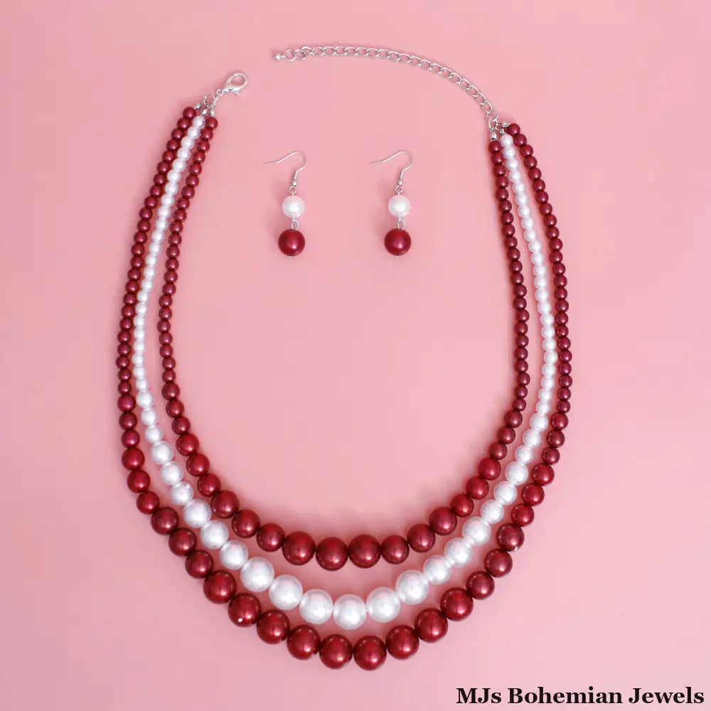 Pearl Necklace Red White 3 Strand for Women