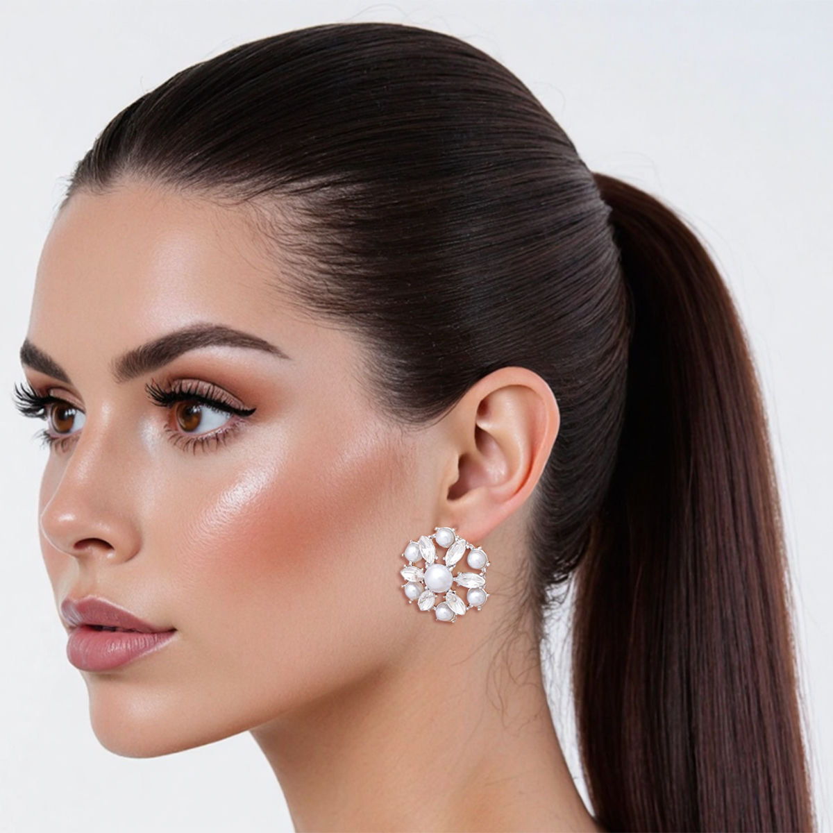 Studs Silver White Pearl Domed Cluster Earrings