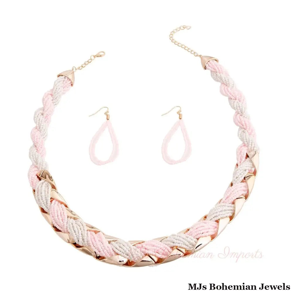 Pink and White Bead Twisted Necklace
