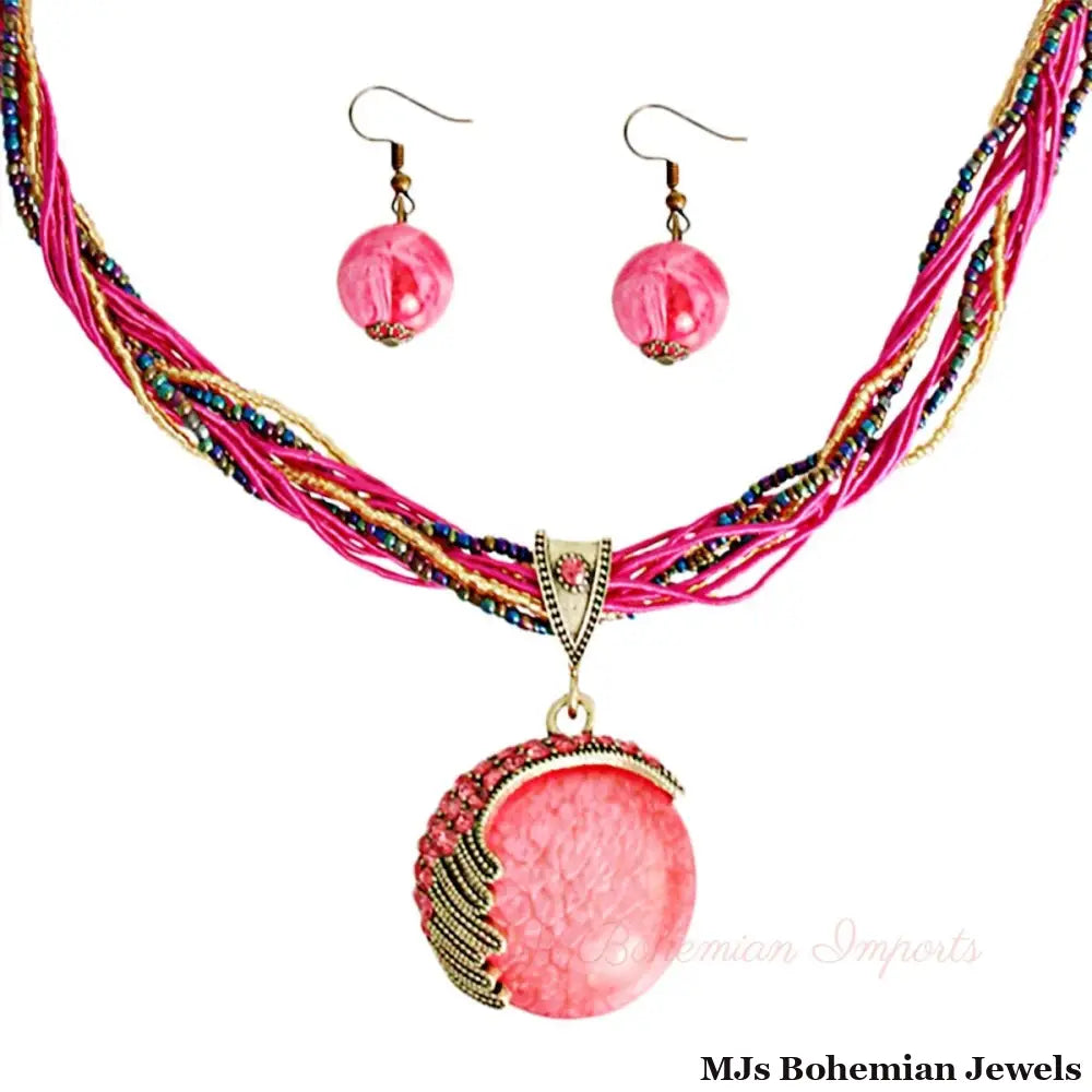 Pink Cord Bead Pendant Necklace