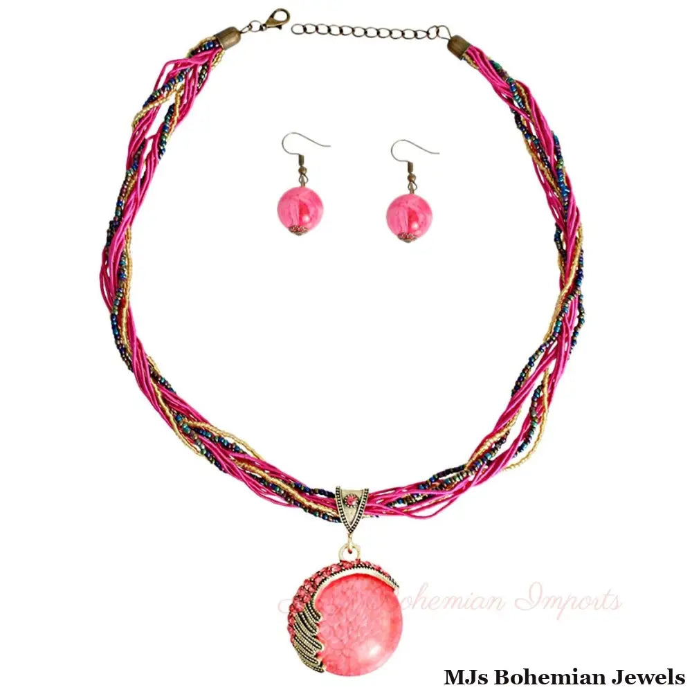 Pink Cord Bead Pendant Necklace