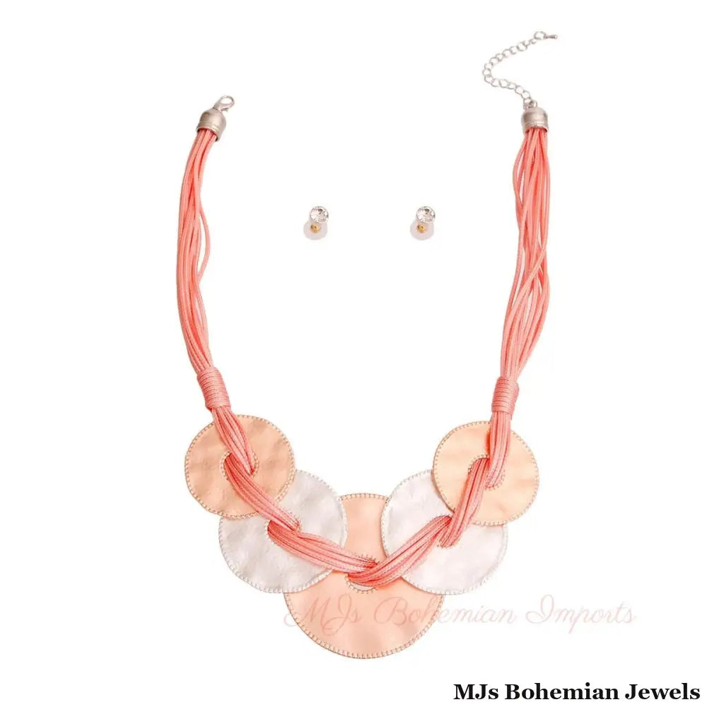 Pink Cord Metal Disc Necklace