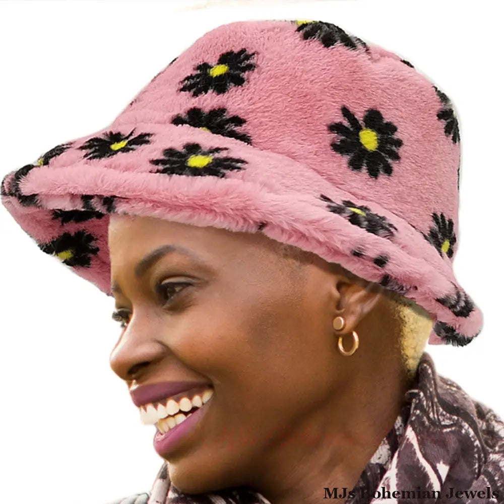 Pink Floral Faux Fur Bucket Hat