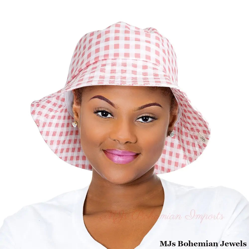 Pink Gingham Draw String Bucket Hat