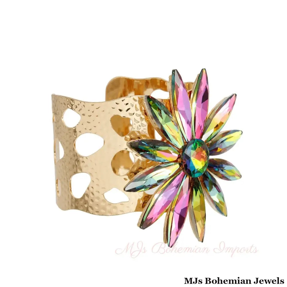 Pink Green Flower Open Cuff
