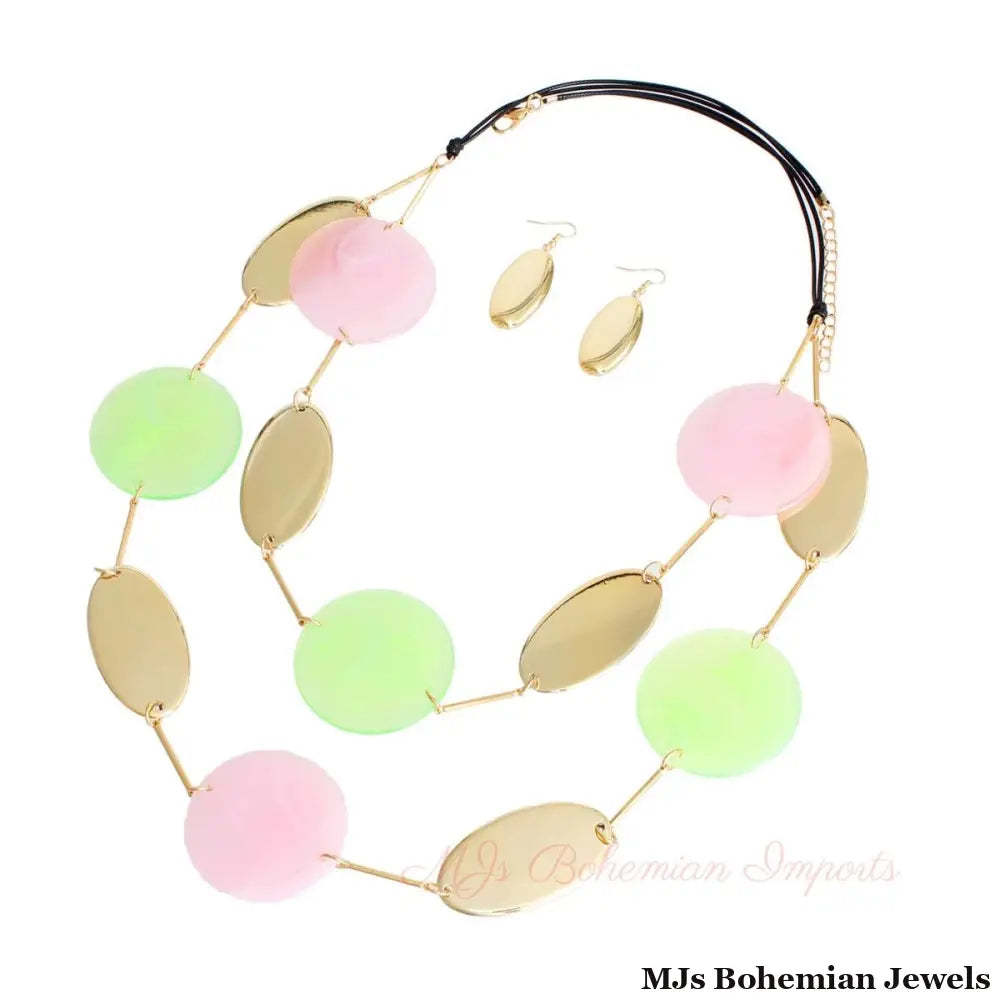 Pink Green Gold Disc Necklace