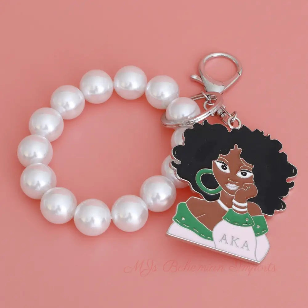 Pink Green Woman Pearl Keychain