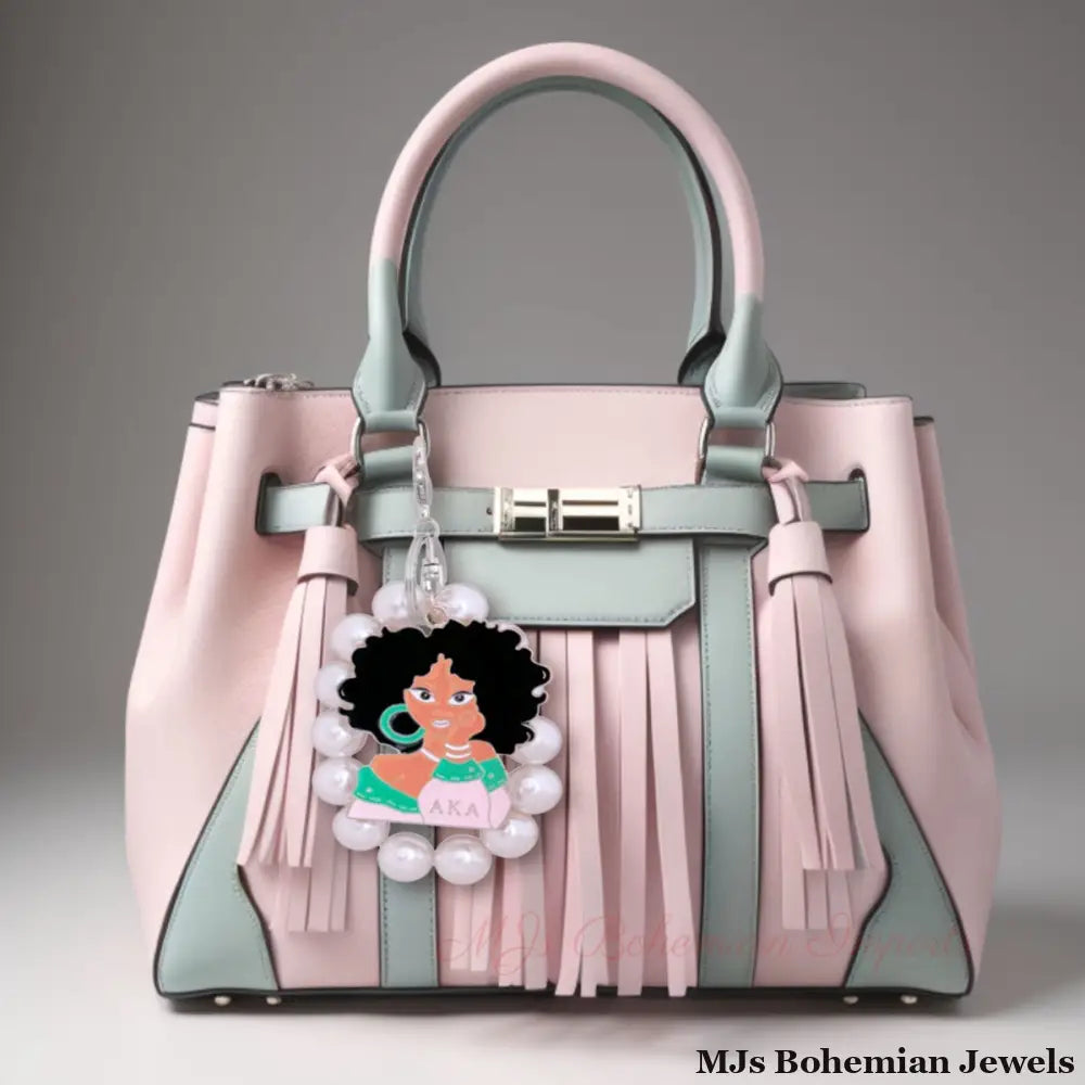 Pink Green Woman Pearl Keychain